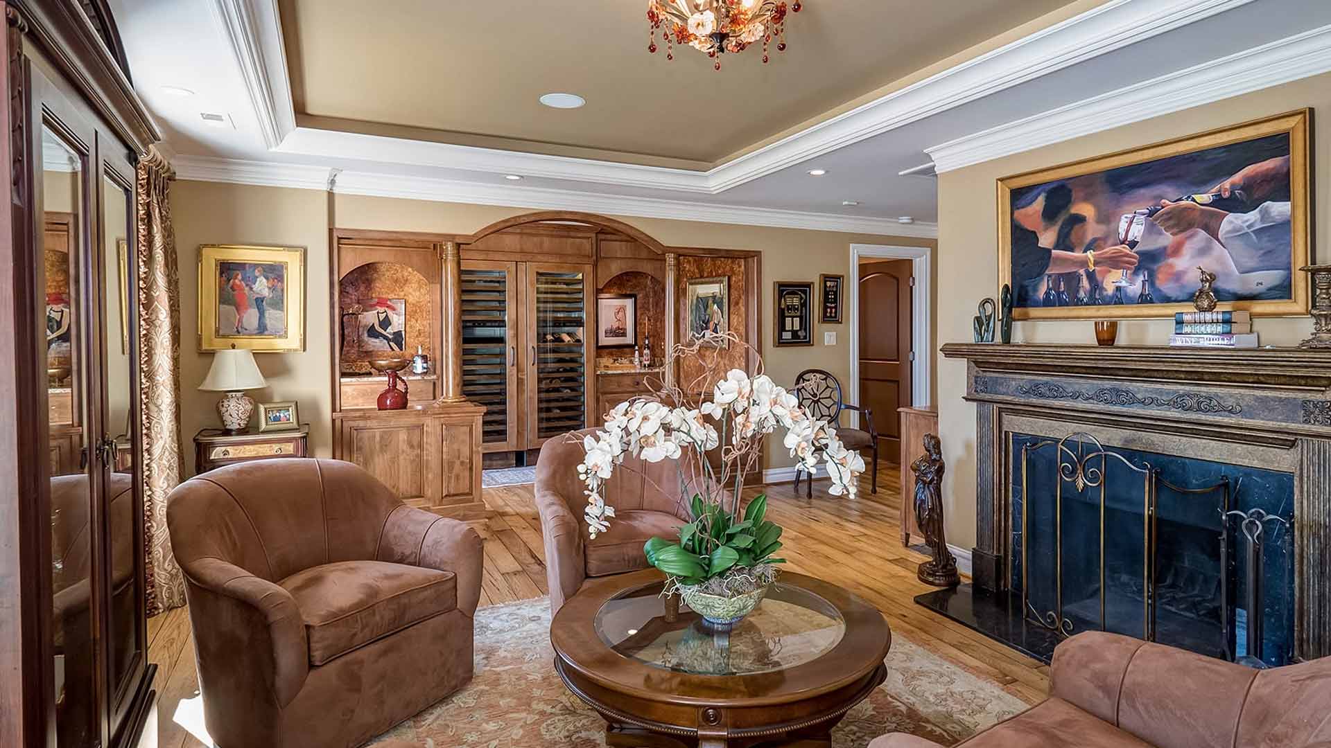 comfy living room with wood accents